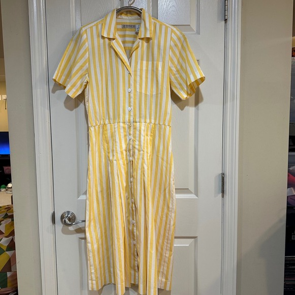 Liz Claiborne Dresses & Skirts - Vtg Liz Claiborne Vintage Yellow White Striped Dress Petite 8 Button Front Midi